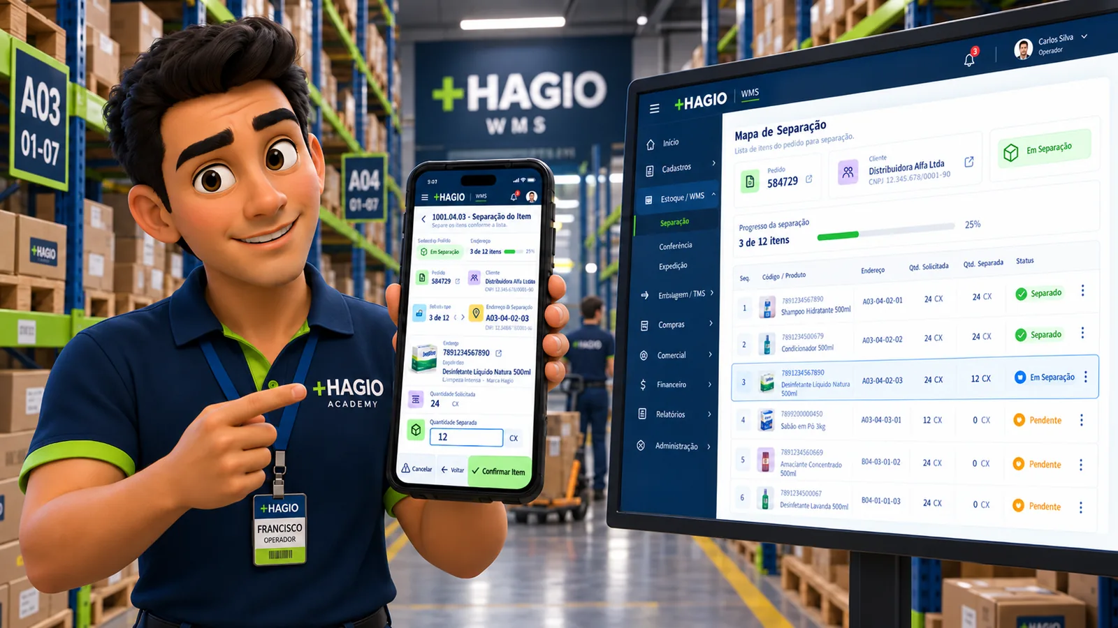 Francisco Operador usando o mobile e o mapa de separação do +Hagio
